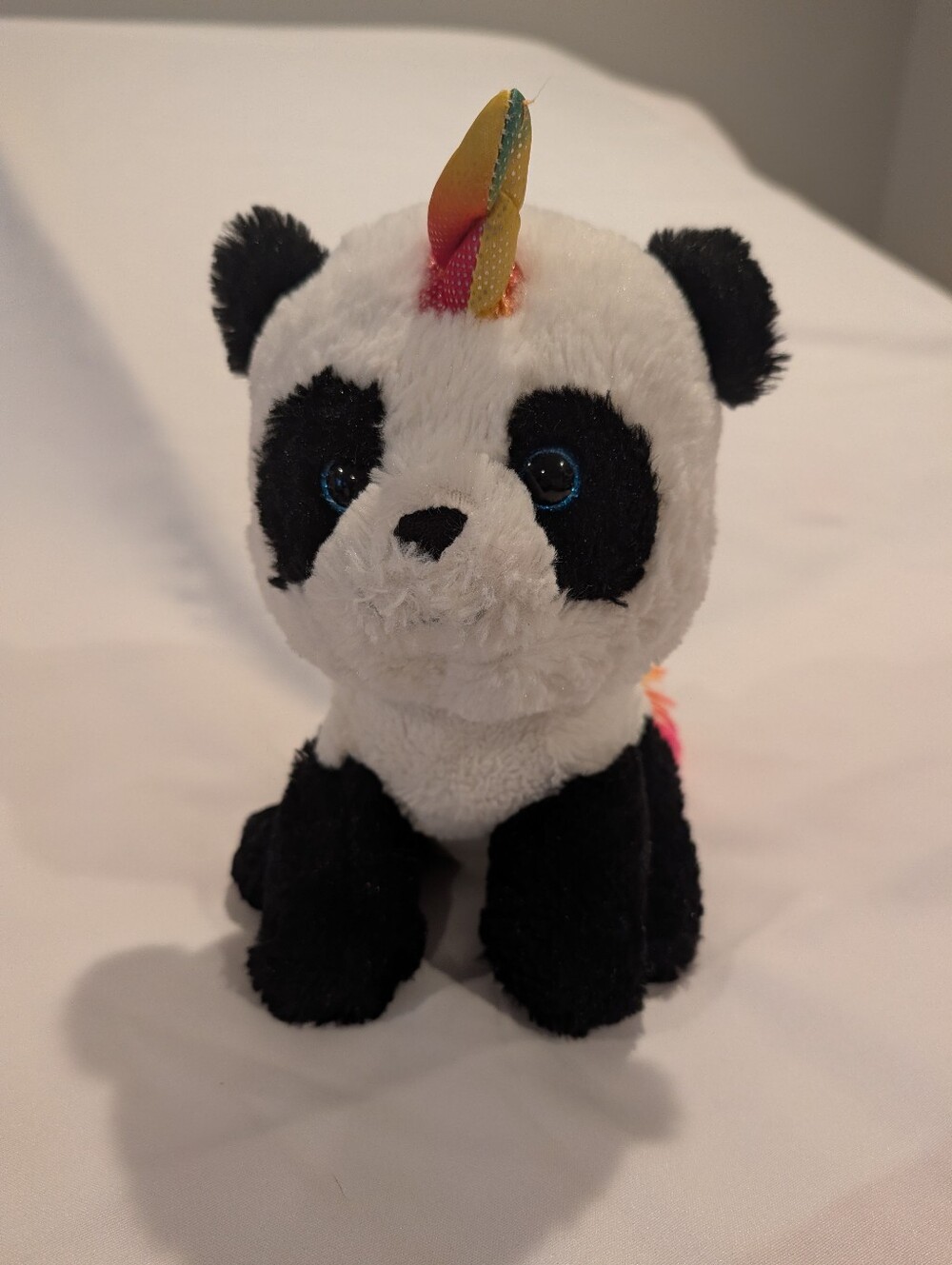 Kellytoy Panda Unicorn Plush Toy - White, Black, Rainbow Horn